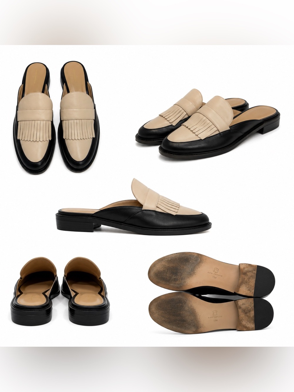 Ann Taylor Leather Two-Tone Black and Cream Fringe Leather Mule Loafers size 11M
